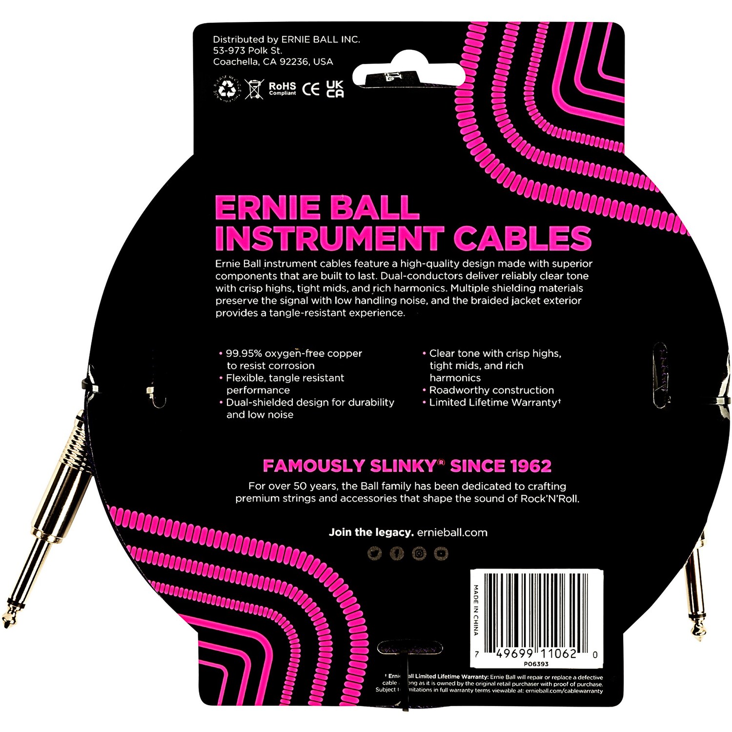 

Инструментальный кабель Ernie Ball с оплеткой от прямого к прямому, 10 футов, фиолетовый/черный