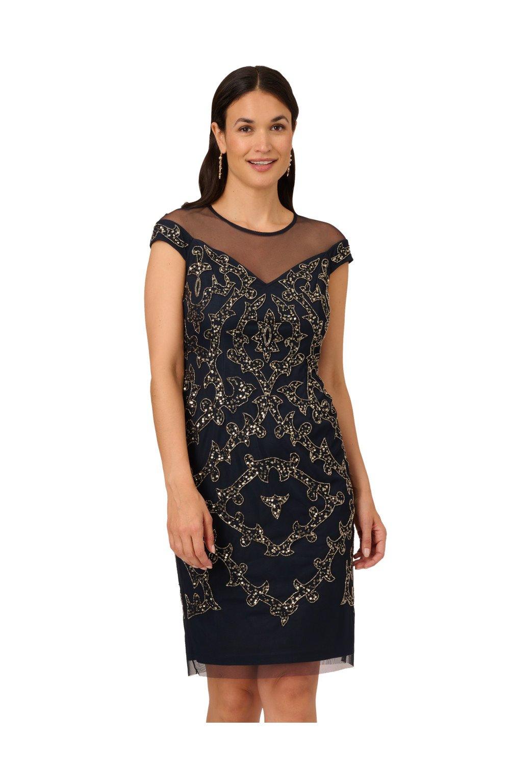 Платье с кокеткой из бисера и иллюзией Papell Studio, темно-синий платье футляр из сетчатой ткани marina черный