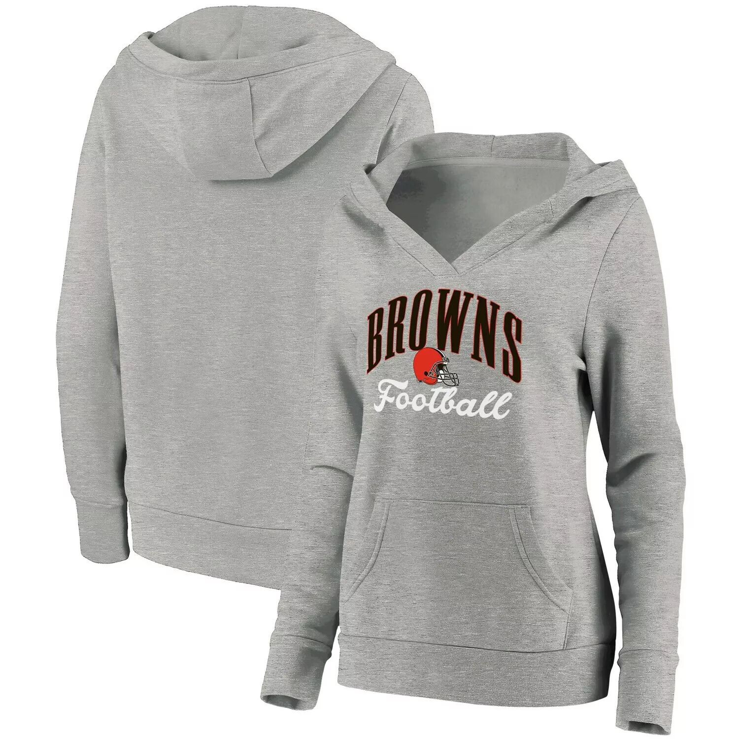 

Женский пуловер с капюшоном Fanatics серого цвета с логотипом Heathered Cleveland Browns Team Victory Script Crossover и V-образным вырезом Fanatics, Серый