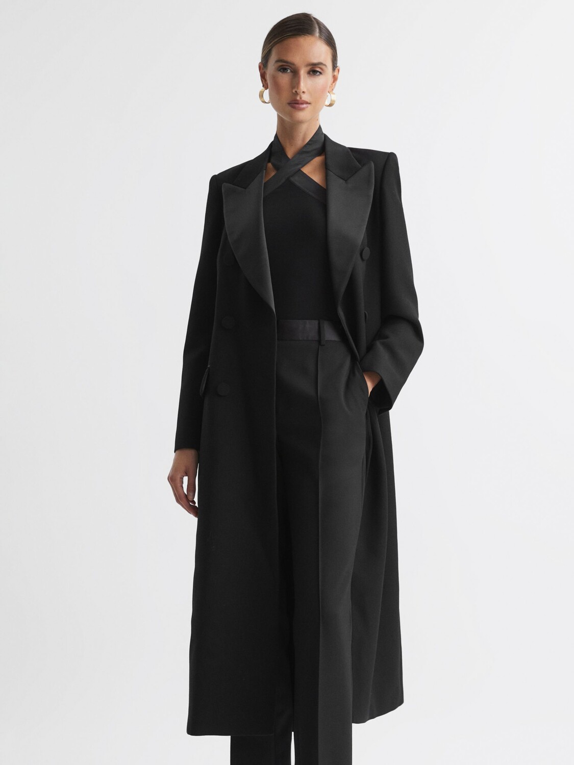 

Двубортный шерстяной смокинг Maeve, длинное пальто Reiss, черный