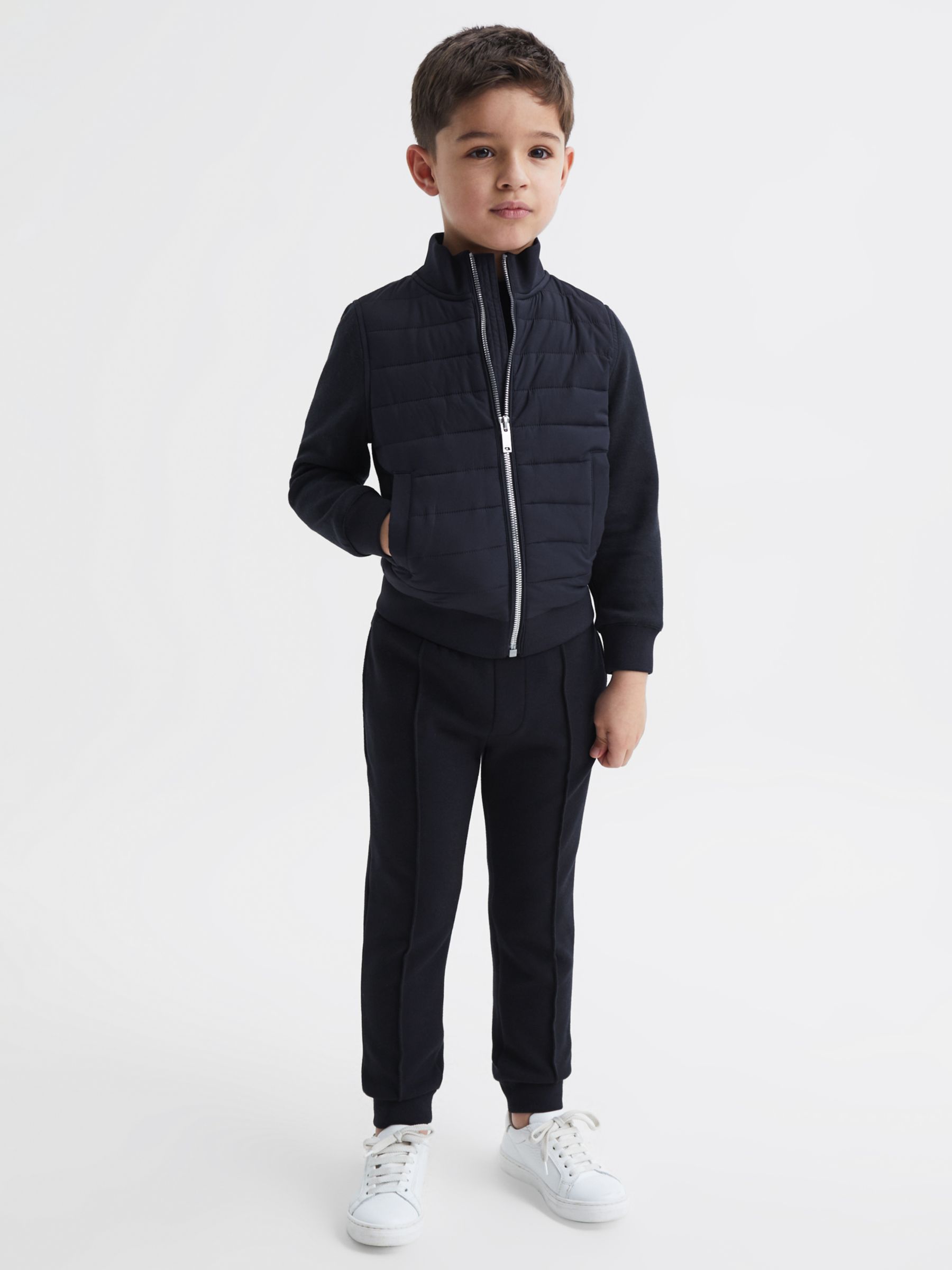 Детская стеганая гибридная куртка Flintoff с воротником-воронкой Reiss, темно-синий