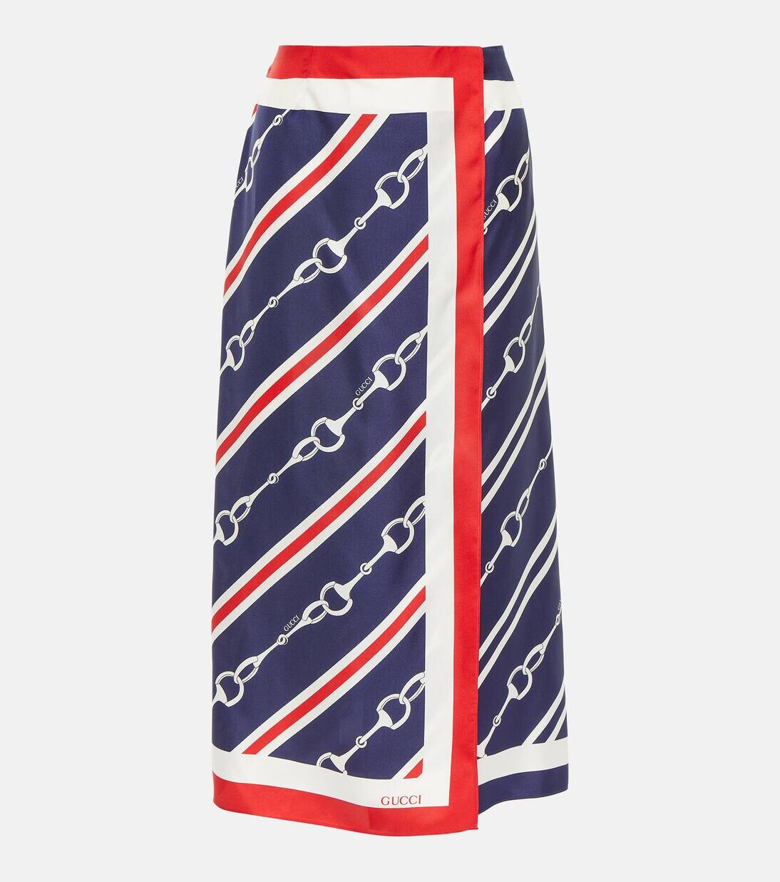

Юбка-обертка из шелкового твила Horsebit Gucci, цвет blue/red/mc