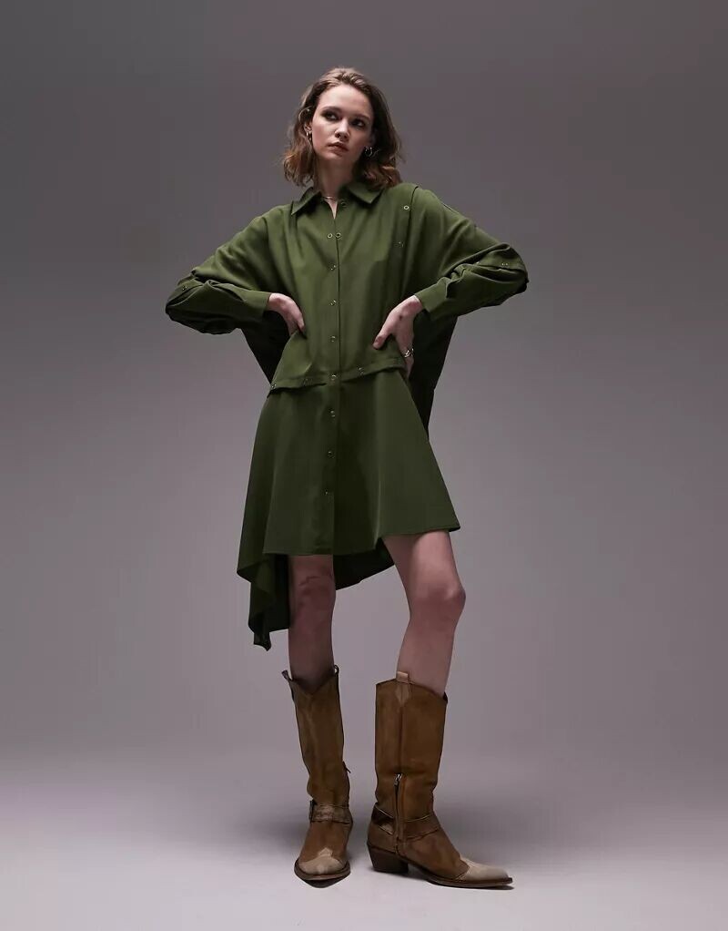 

Укороченное платье-рубашка на пуговицах цвета хаки Topshop, Серый