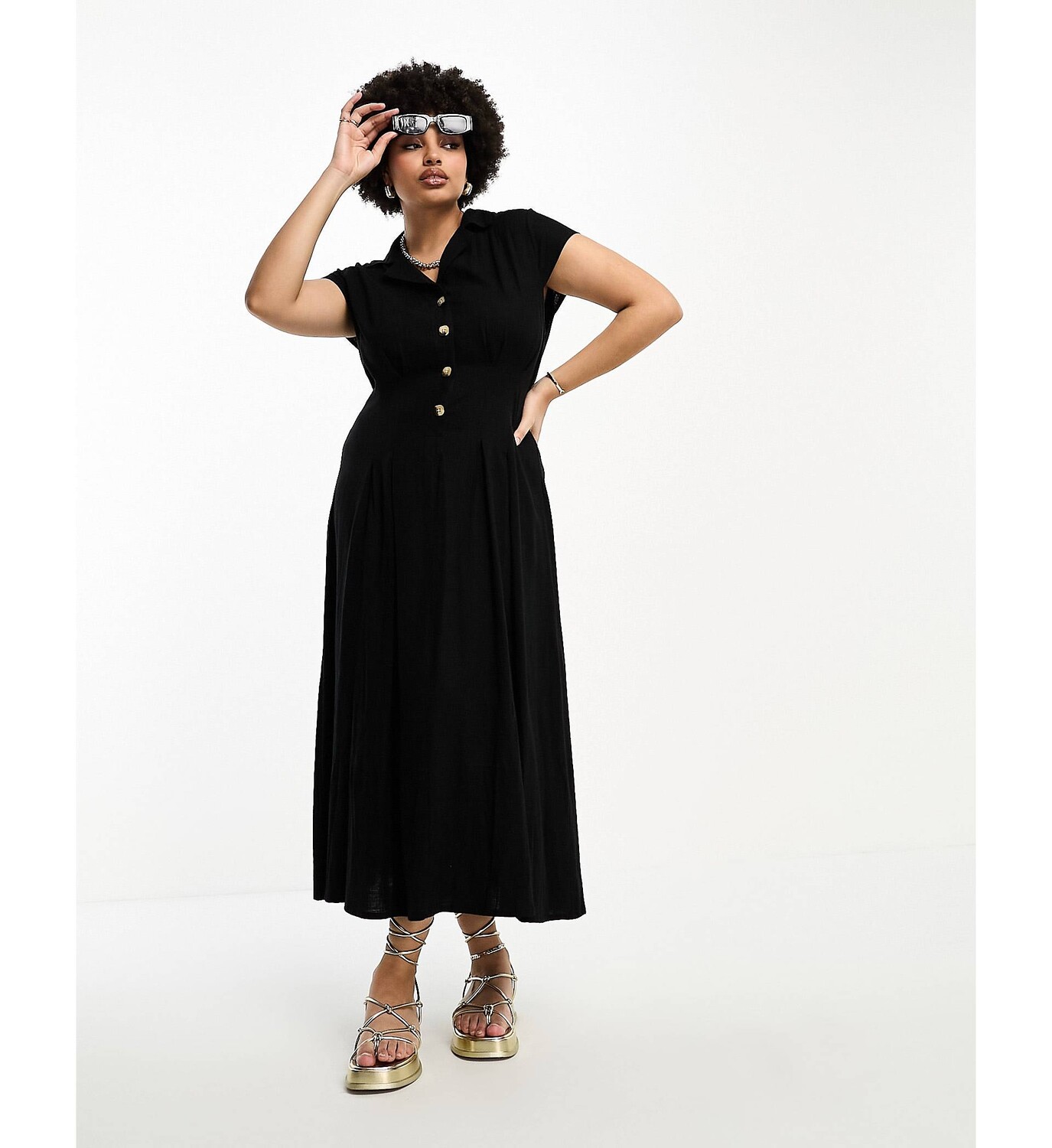 

Черное льняное платье-рубашка миди с короткими рукавами и защипами ASOS DESIGN Curve ASOS Curve