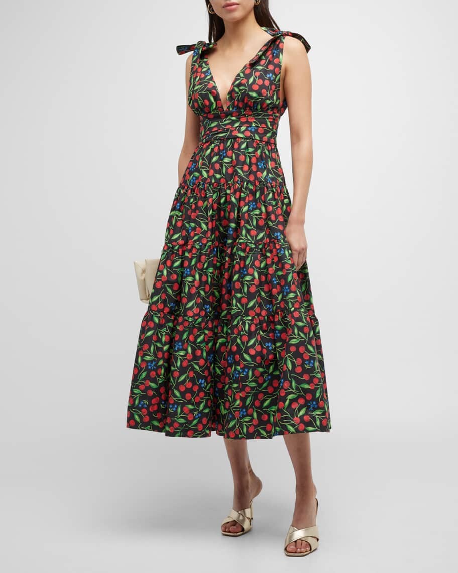 

Ярусное платье миди с принтом Cherry и бантом на плечах Carolina Herrera