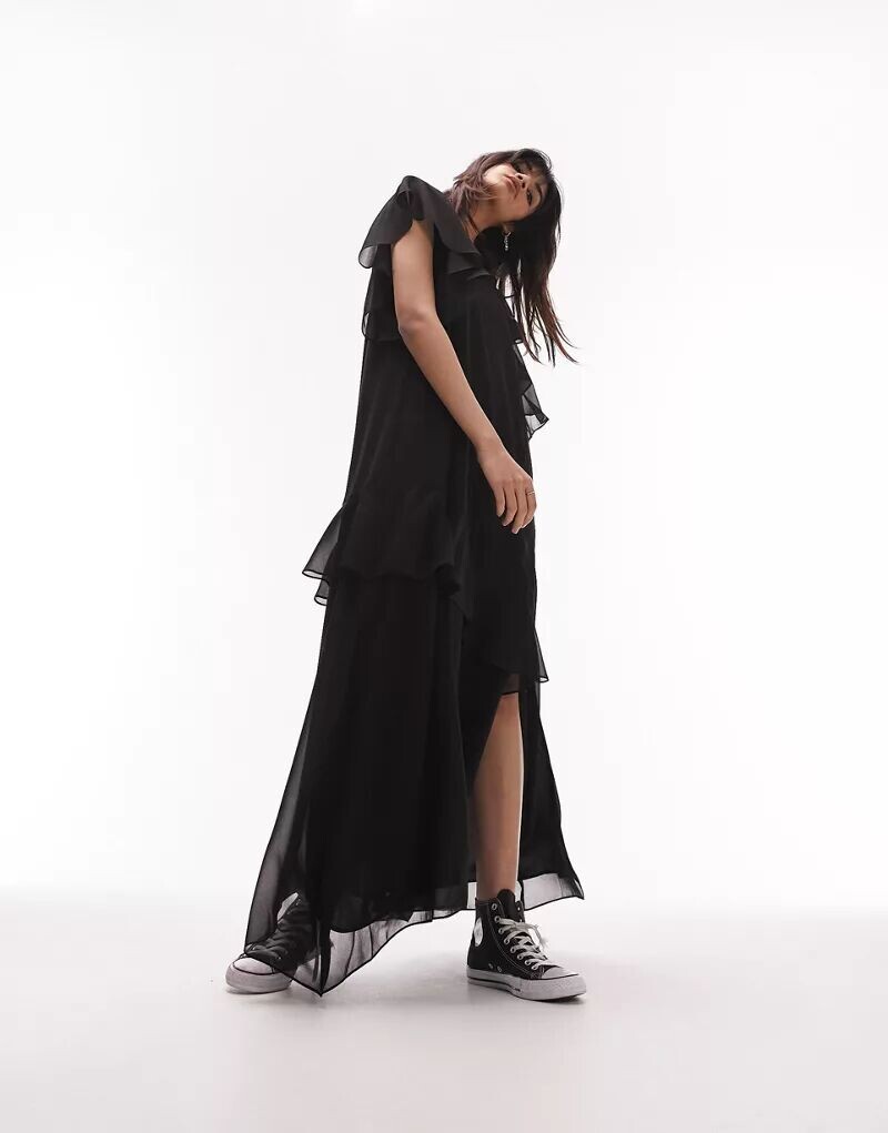 

Черное платье-рубашка миди с рюшами Topshop