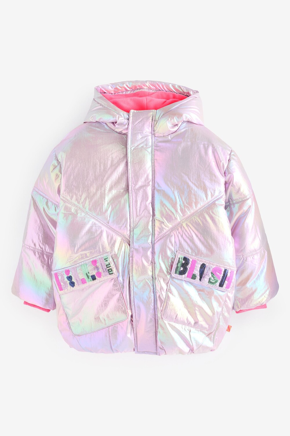 

Пуховик с капюшоном и переливающимся металлическим логотипом Billieblush, розовый