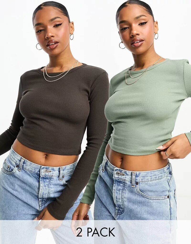 

Набор из 2 укороченных рубашек с длинными рукавами Pull&Bear коричневого и хаки цвета