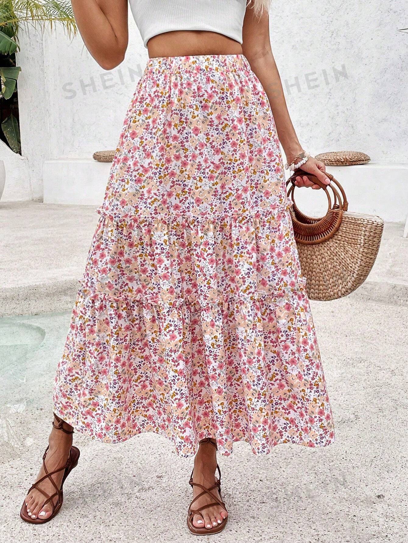 цена SHEIN VCAY Женская юбка миди с цветочным принтом, многоцветный