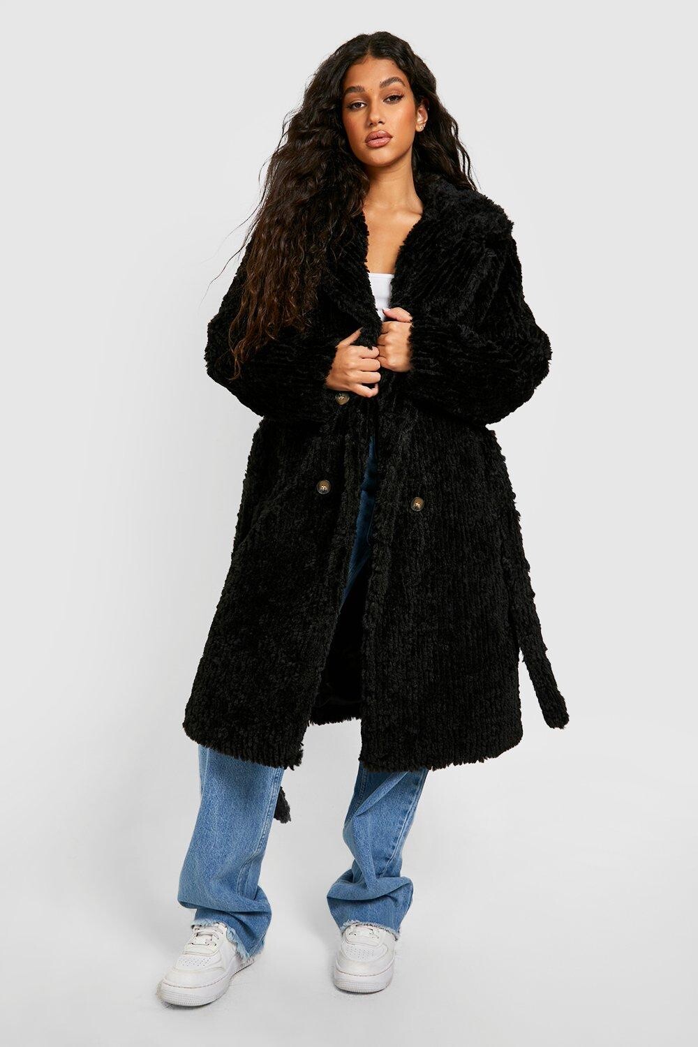 

Пальто с поясом из искусственного меха Boohoo, черный