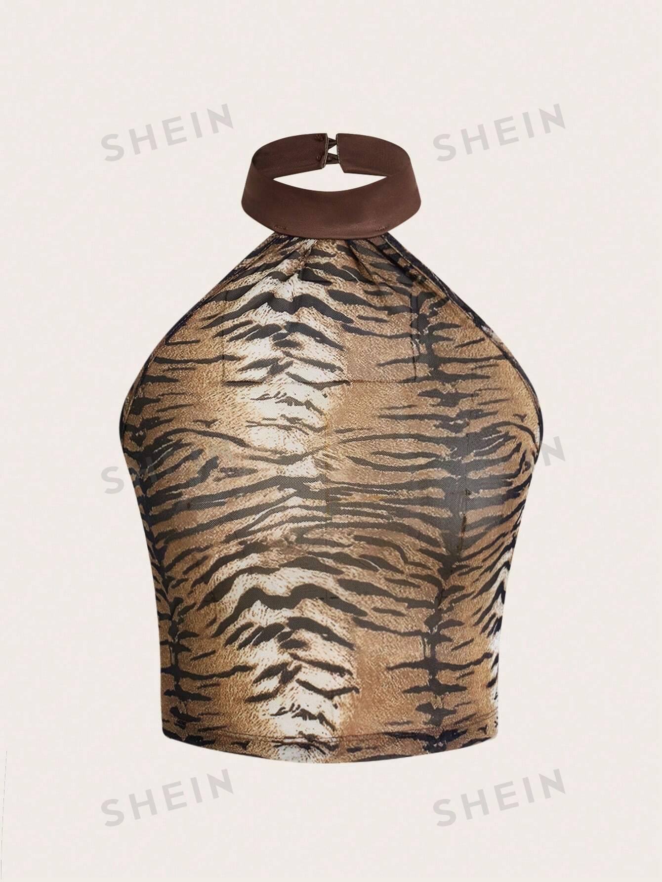 SHEIN ICON Женская прозрачная майка со сборками и тигровым принтом с бретелькой на шее, коричневый