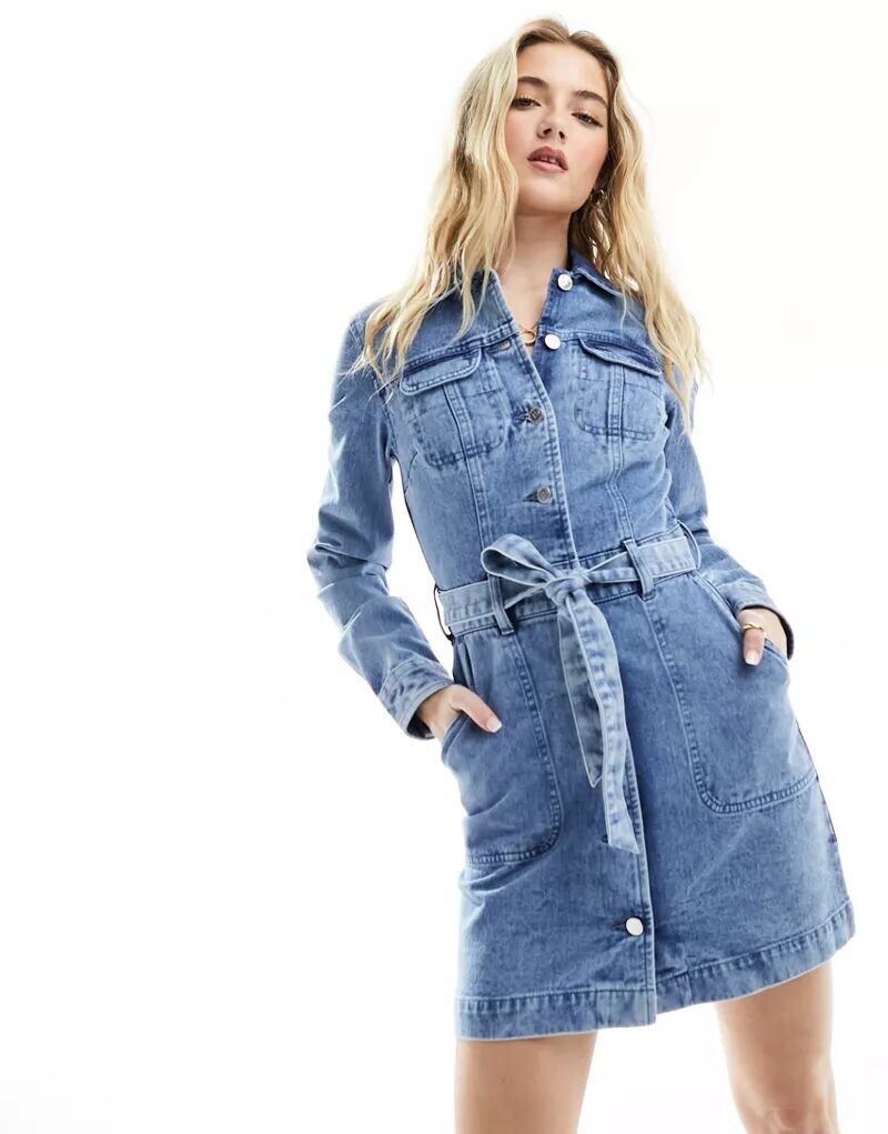 

Голубое джинсовое платье мини с длинными рукавами и воротником Miss Selfridge