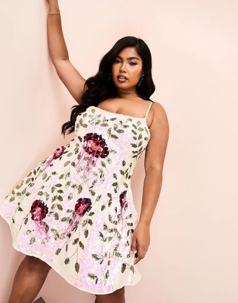 

Бальное платье мини с разноцветными пайетками и цветочным декором ASOS Curve