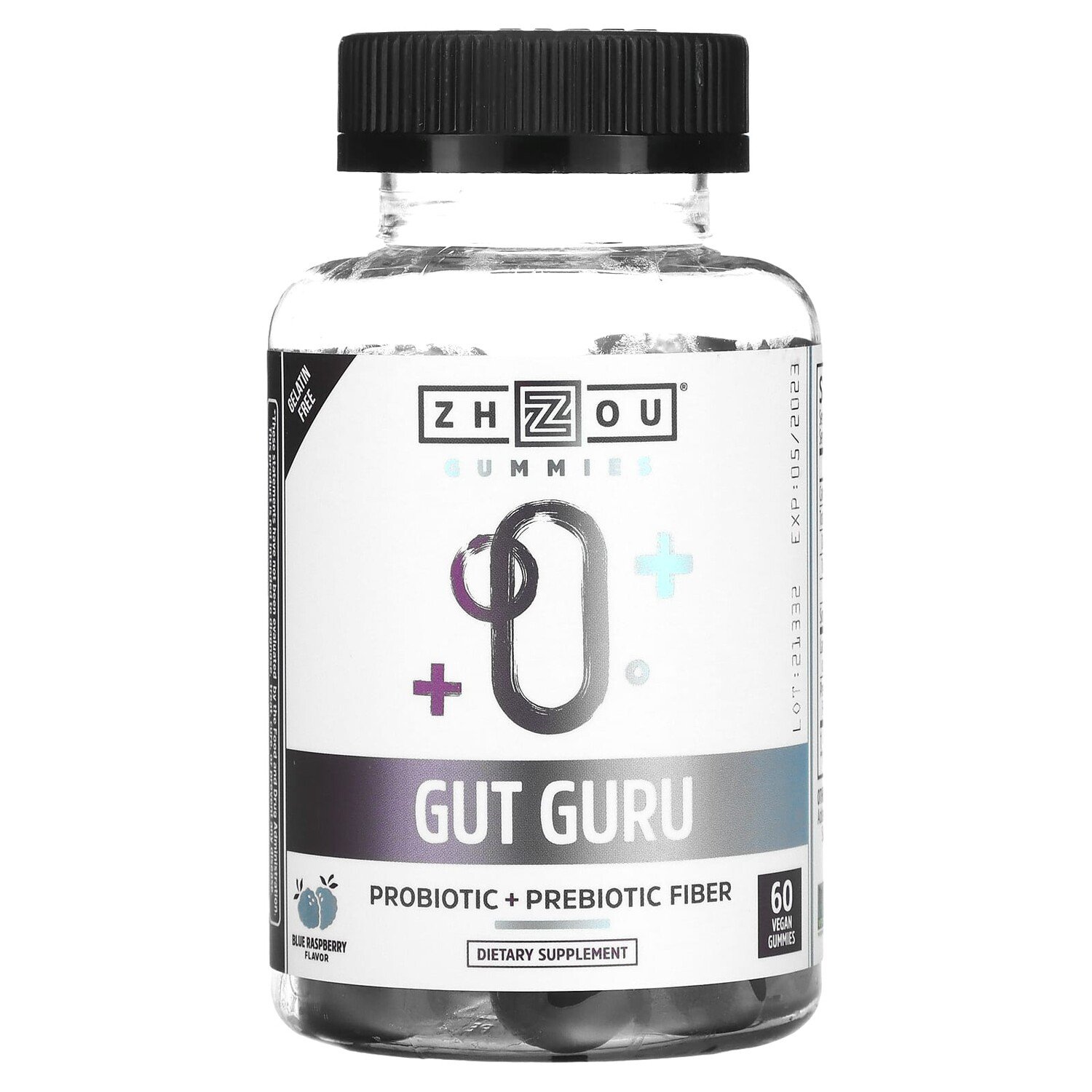 

Gut Guru, голубая малина, 60 веганских жевательных мармеладок, Zhou Nutrition