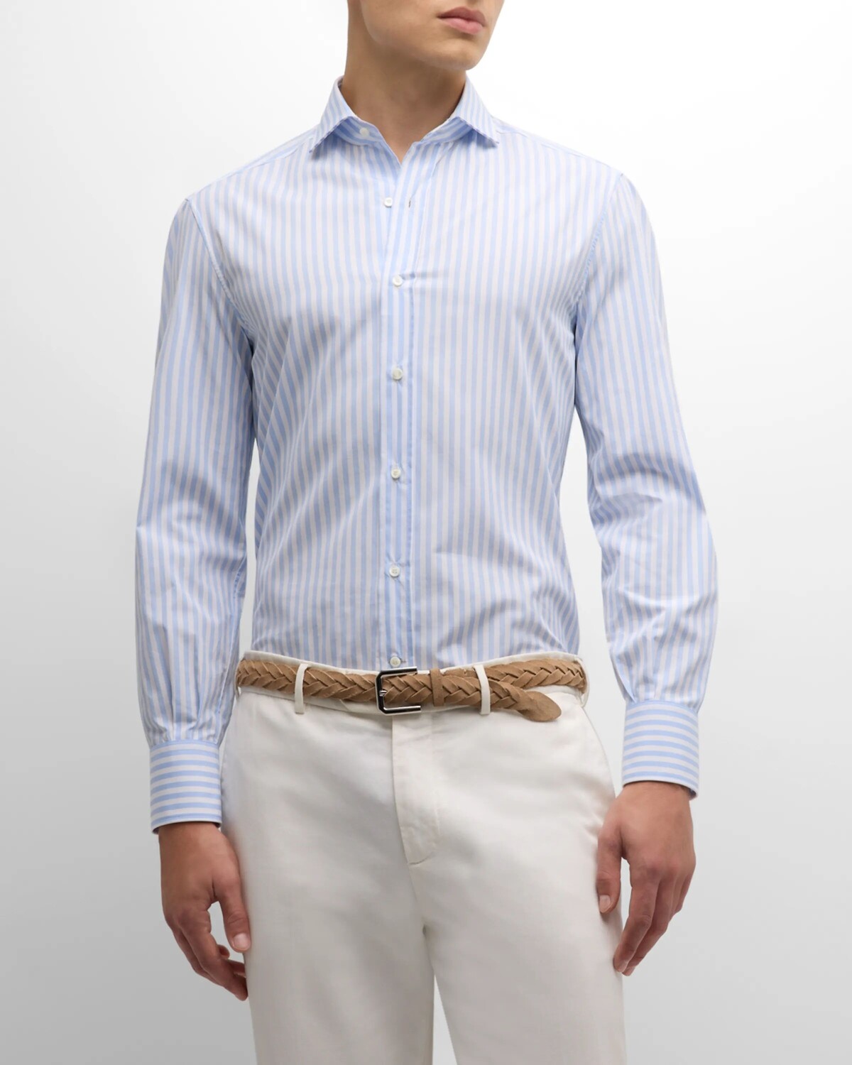 

Мужская полосатая рубашка на пуговицах Brunello Cucinelli, цвет White/Light Blue