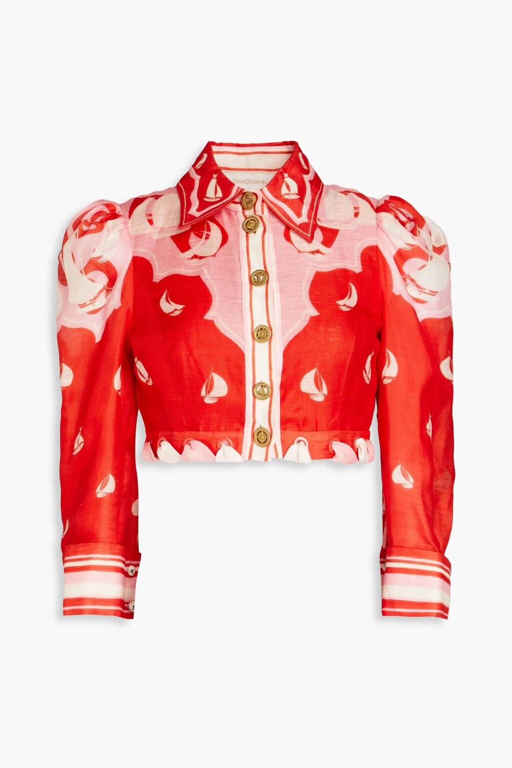 

Укороченная рубашка из смесового льна и шелка с принтом Zimmermann, цвет Tomato red