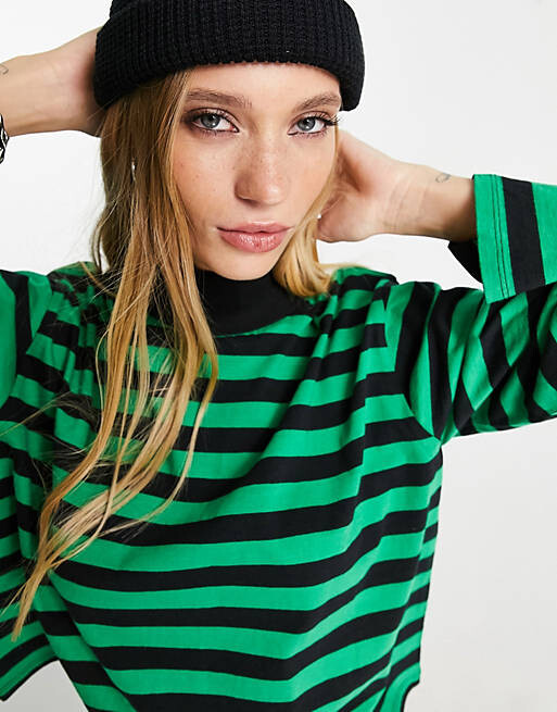 

Свободный топ с длинными рукавами и высоким воротником ASOS DESIGN в черно-зеленую полоску