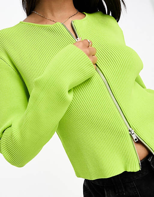 

Зеленый трикотажный топ на молнии в рубчик Monki