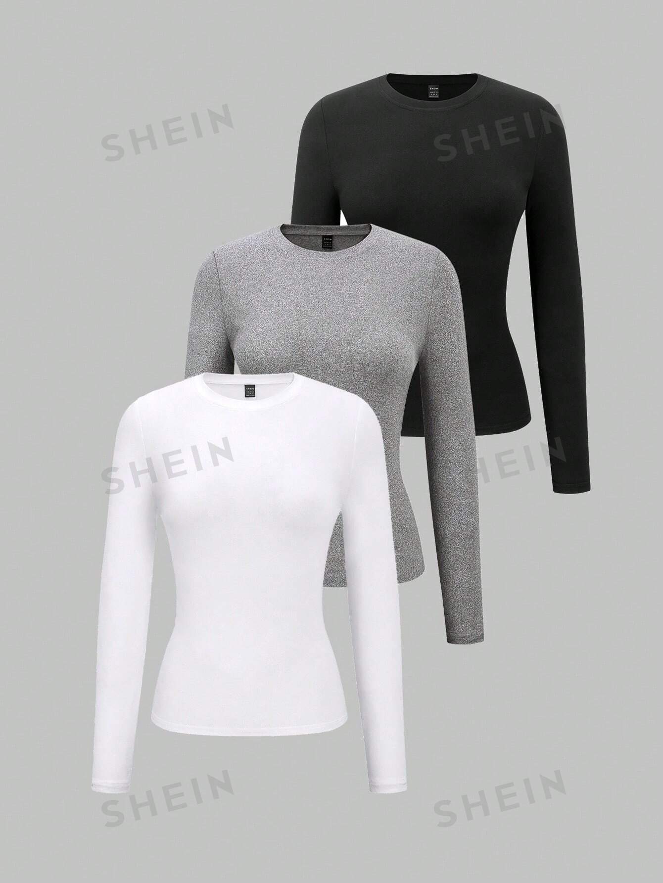 SHEIN Essnce однотонная приталенная футболка с длинными рукавами, многоцветный простая женская футболка с круглым вырезом и длинными рукавами 14 18 кремового цвета
