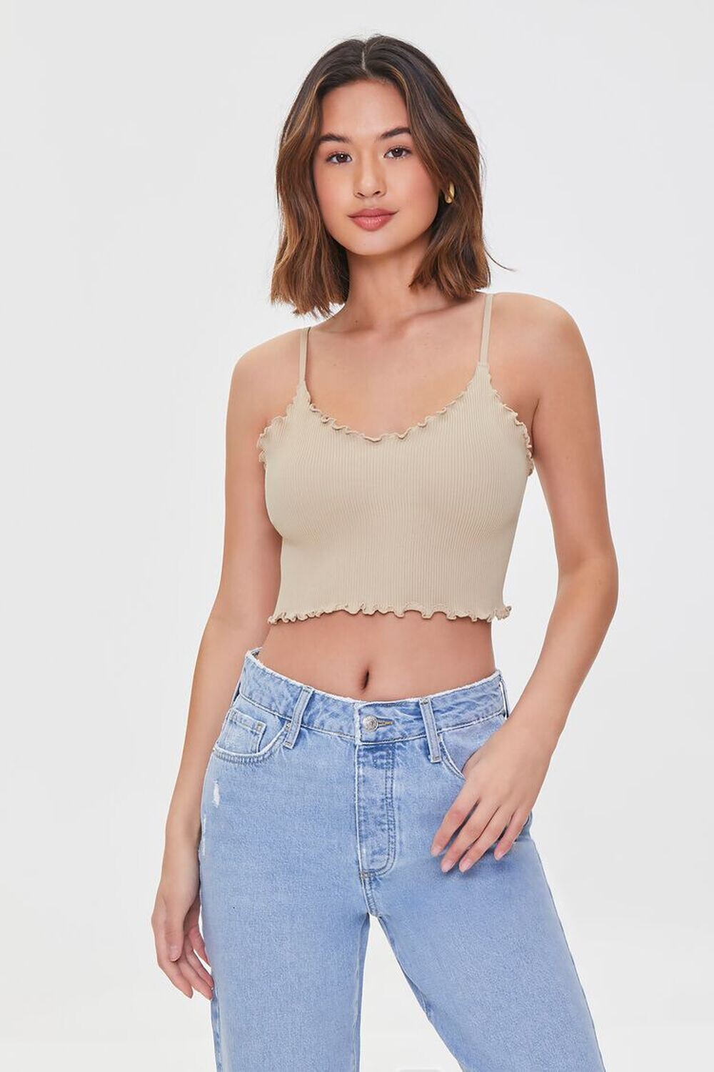 

Укороченная майка с салатовыми краями Forever 21, капучино