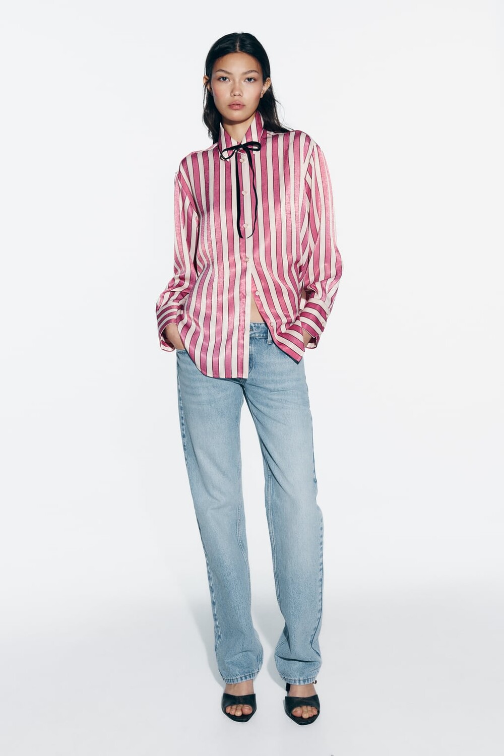 

Полосатая атласная рубашка ZARA, разноцветный