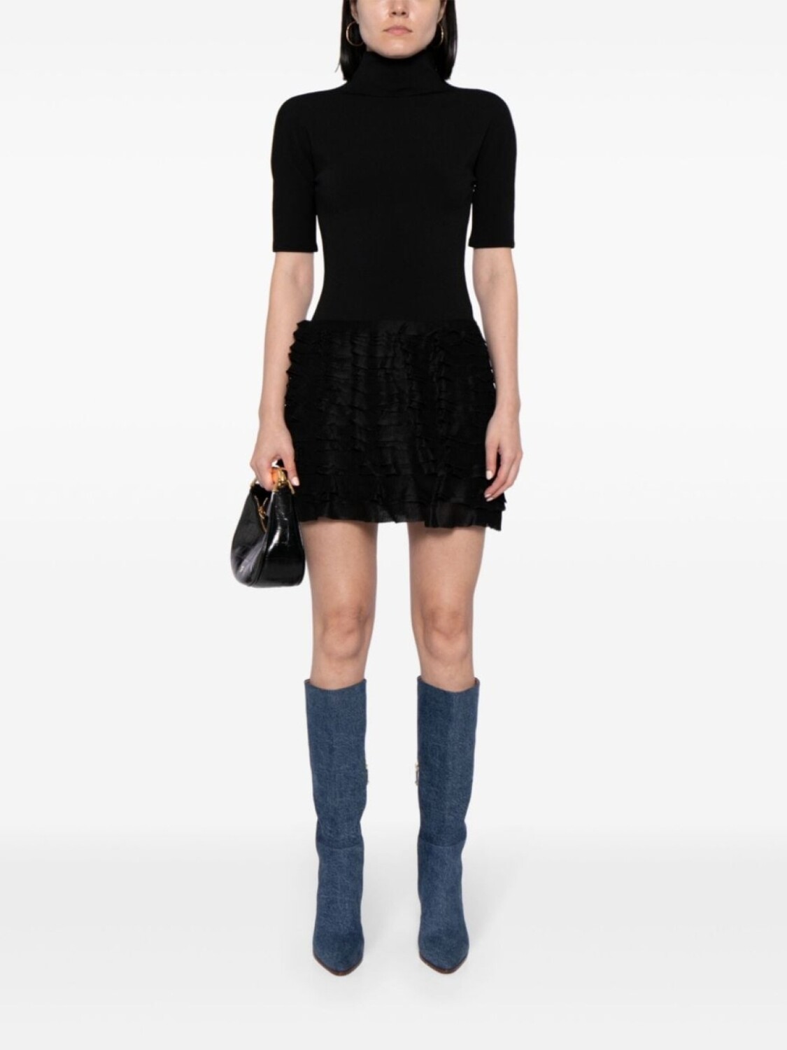 

Alaïa платье мини с высоким воротником и оборками, черный