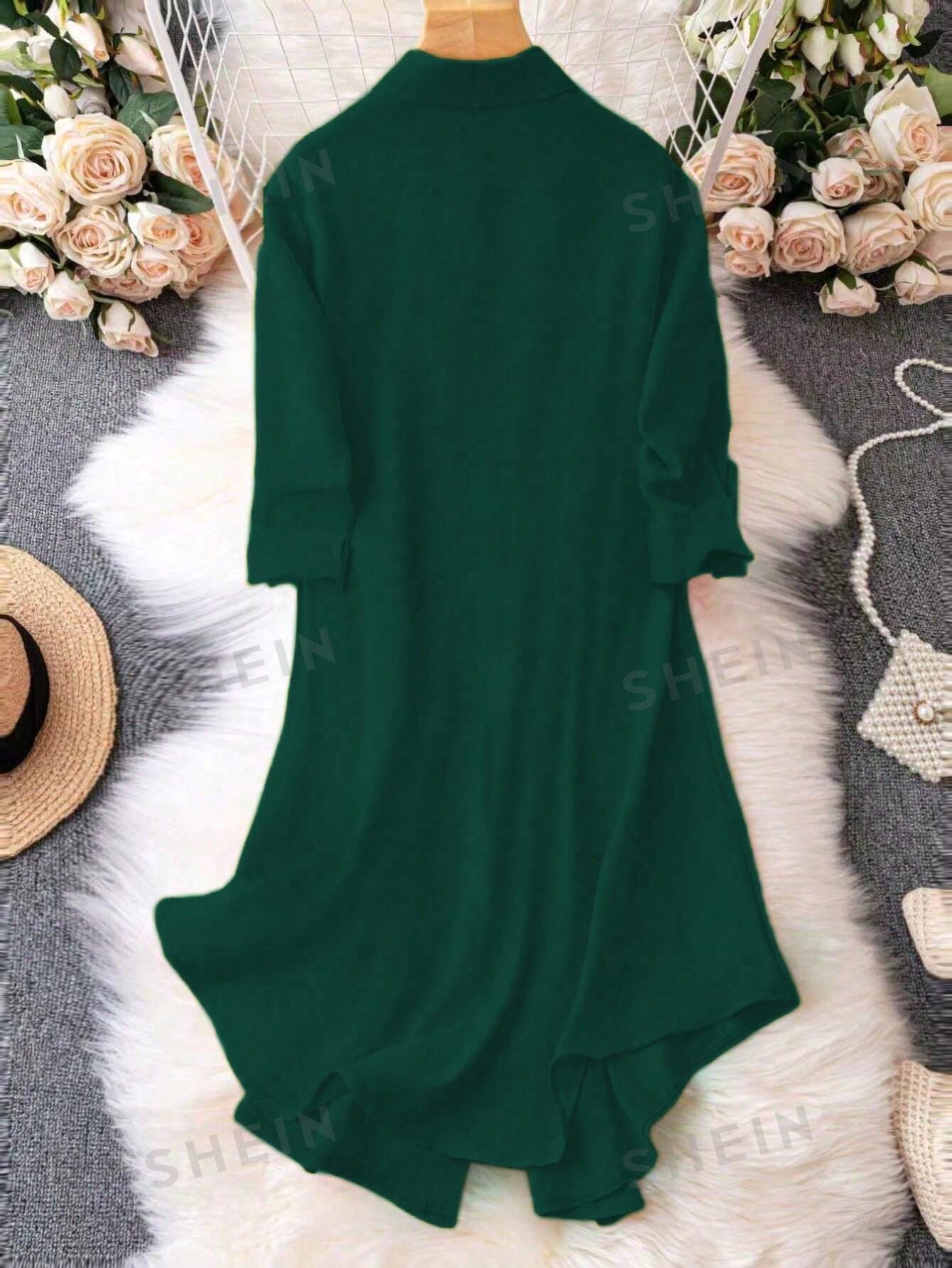 цена SHEIN LUNE Женское платье с принтом и пуговицами спереди, темно-зеленый