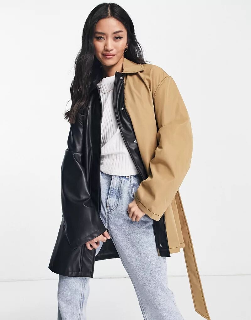 

Черная и каменная куртка из спилка из искусственной кожи ASOS