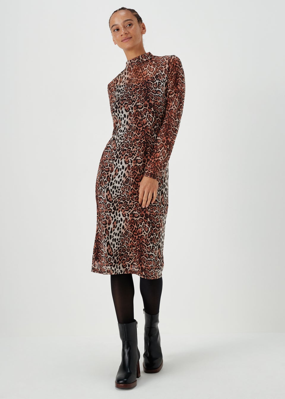 цена Papaya Petite Коричневое сетчатое платье миди с леопардовым принтом