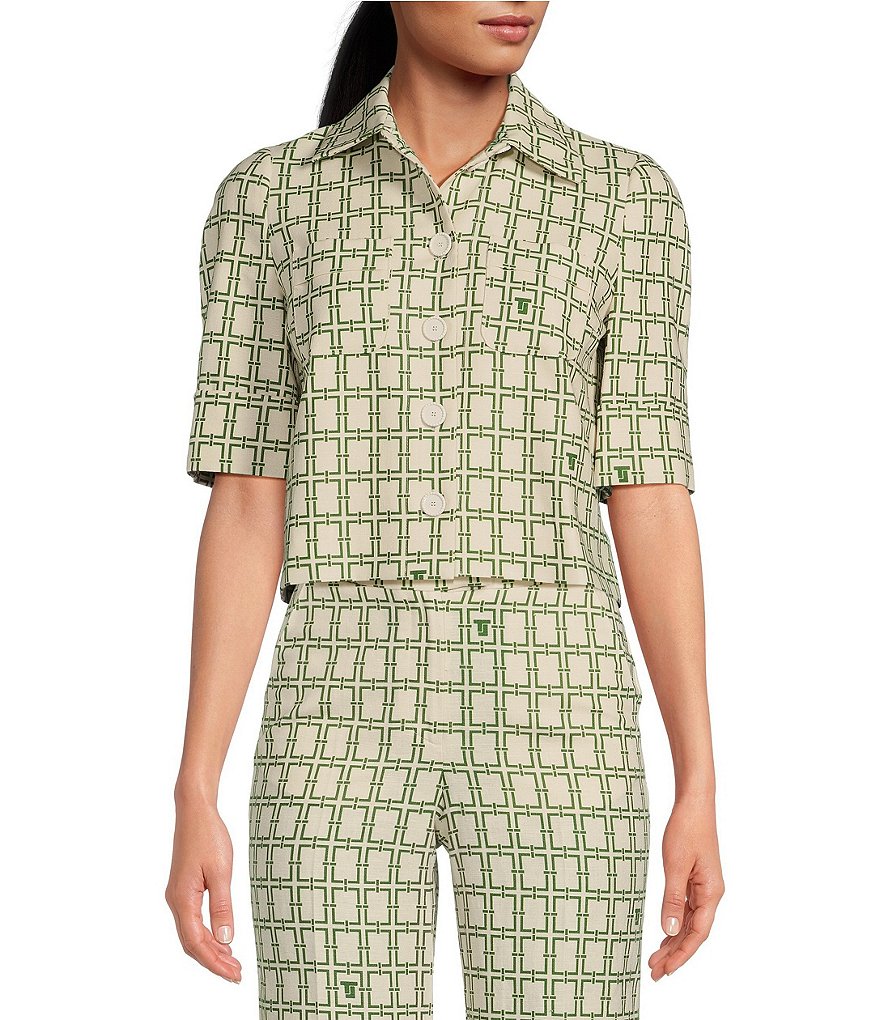 Тканая рубашка из звеньев цепи с логотипом Tara Jarmon Christine, воротник с короткими рукавами и пуговицами спереди, координационная рубашка, зеленый