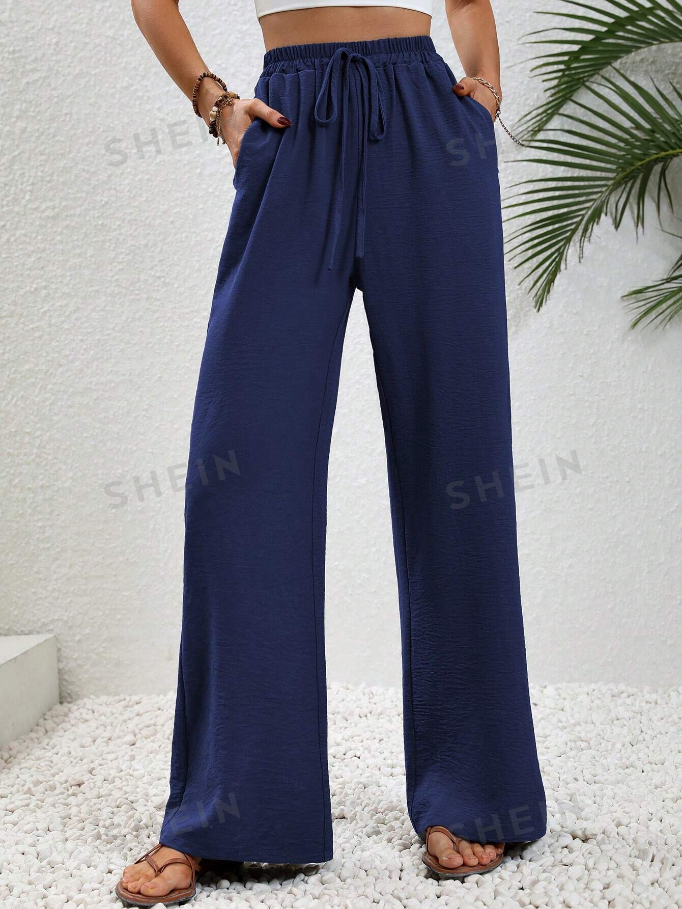 цена SHEIN LUNE женские однотонные длинные брюки с завышенной талией и завязками на талии и карманами, темно-синий