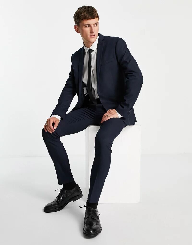 

Темно-синие структурированные костюмные брюки узкого кроя Topman