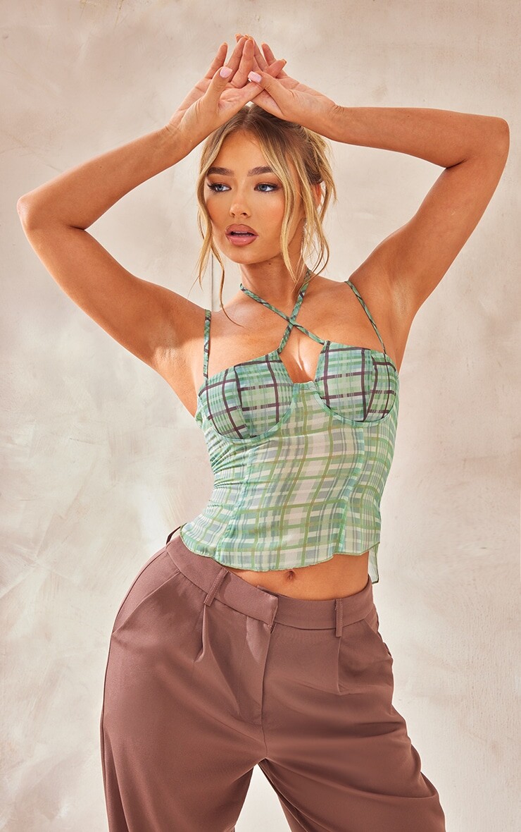 

PrettyLittleThing Зеленый сетчатый корсет с принтом в клетку