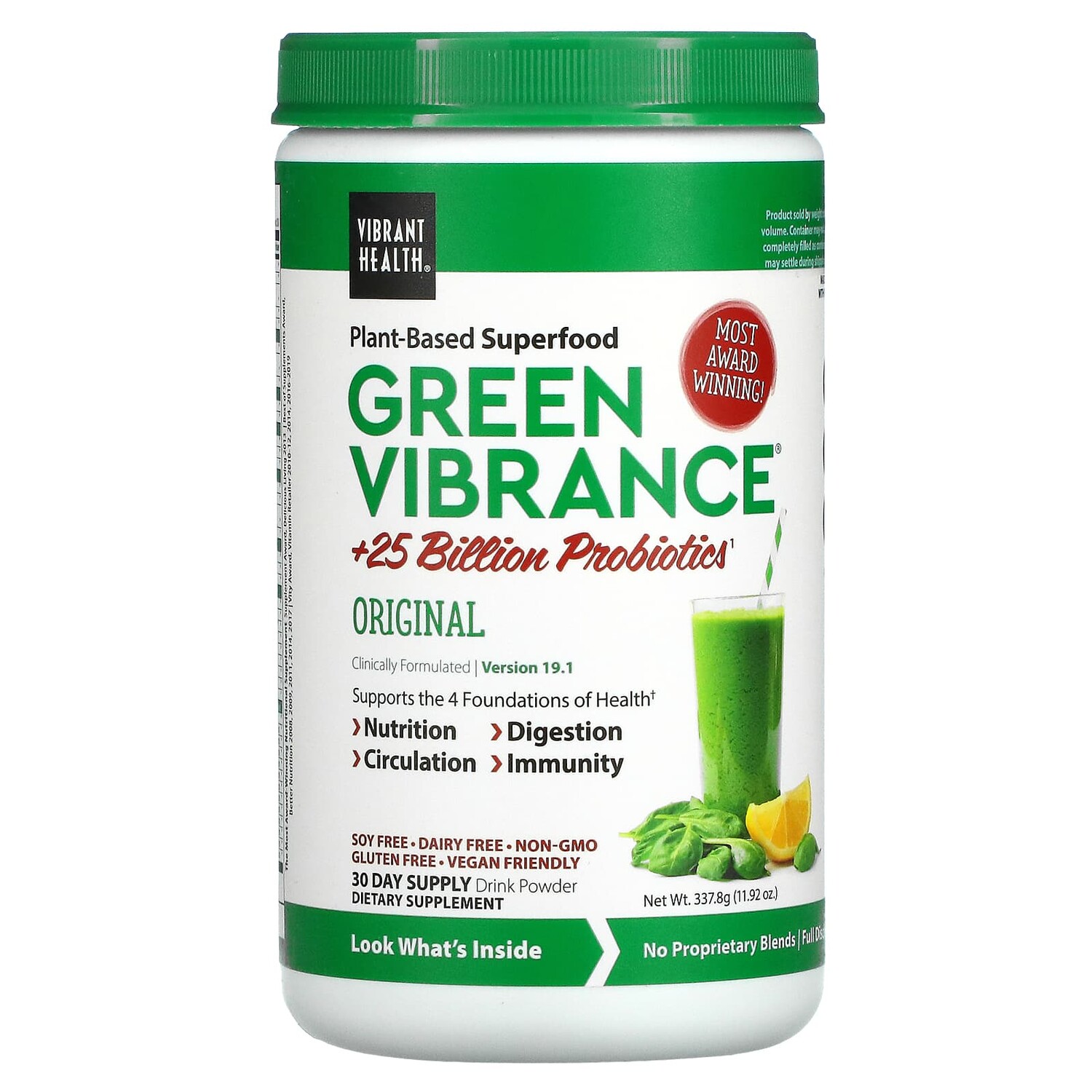 

Green Vibrance +25 млрд пробиотиков, версия 19.1, 337 г (11,92 унции), Vibrant Health