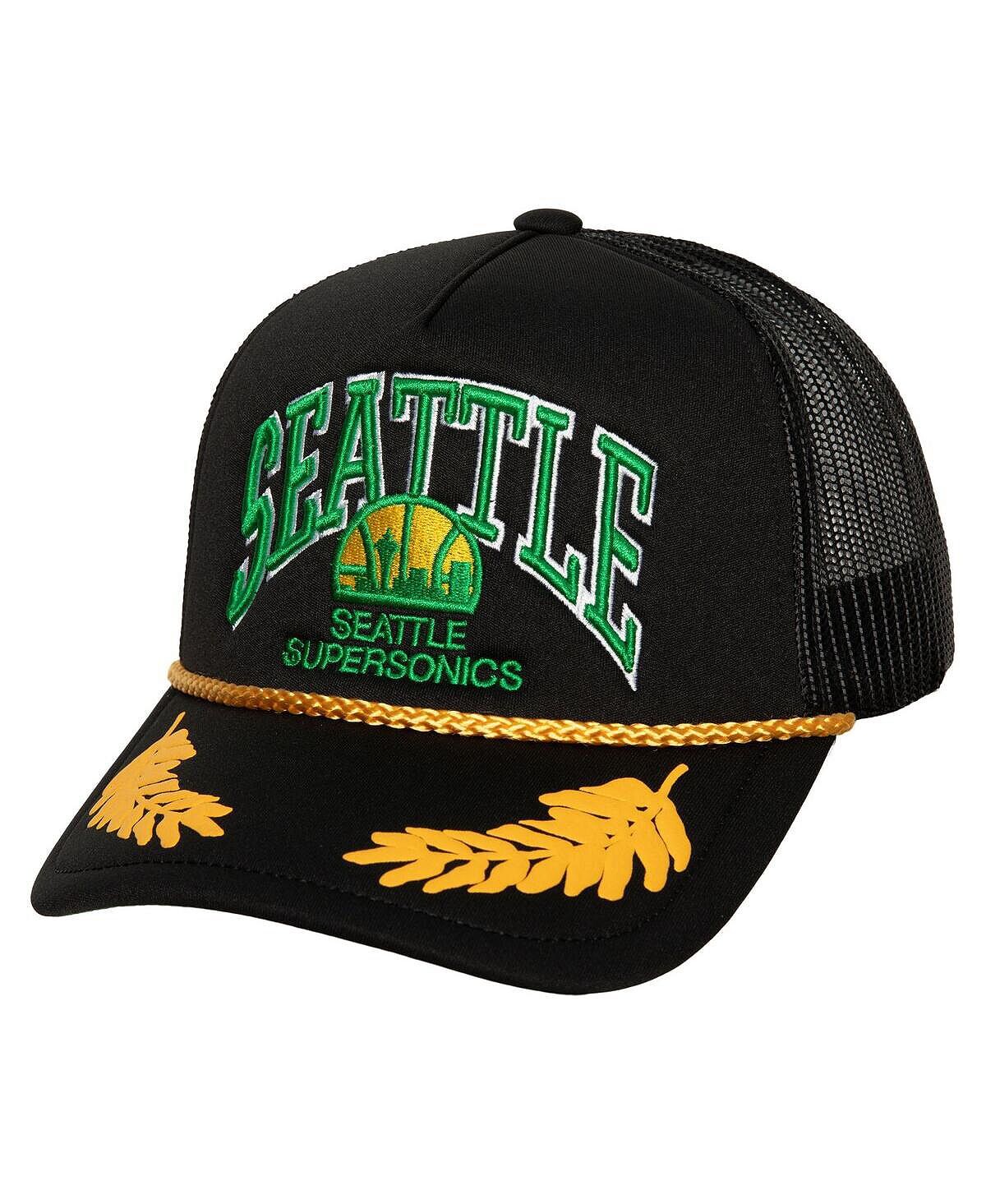 

Мужская черная бейсболка Seattle SuperSonics из твердой древесины с сусальным золотом и сетчатой ​​кепкой Trucker Snapback Mitchell & Ness