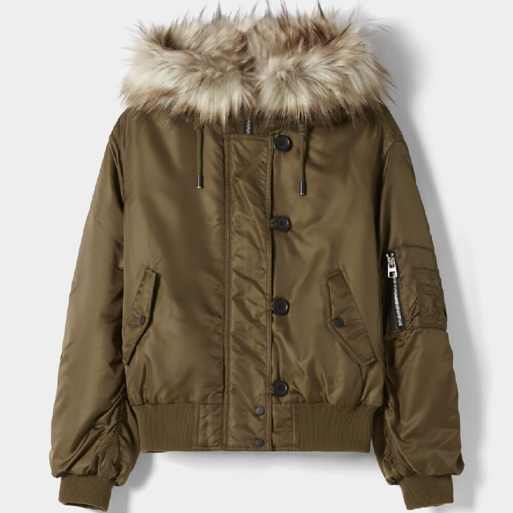 

Куртка Bershka Cropped Parka Faux Fur Hood, хаки