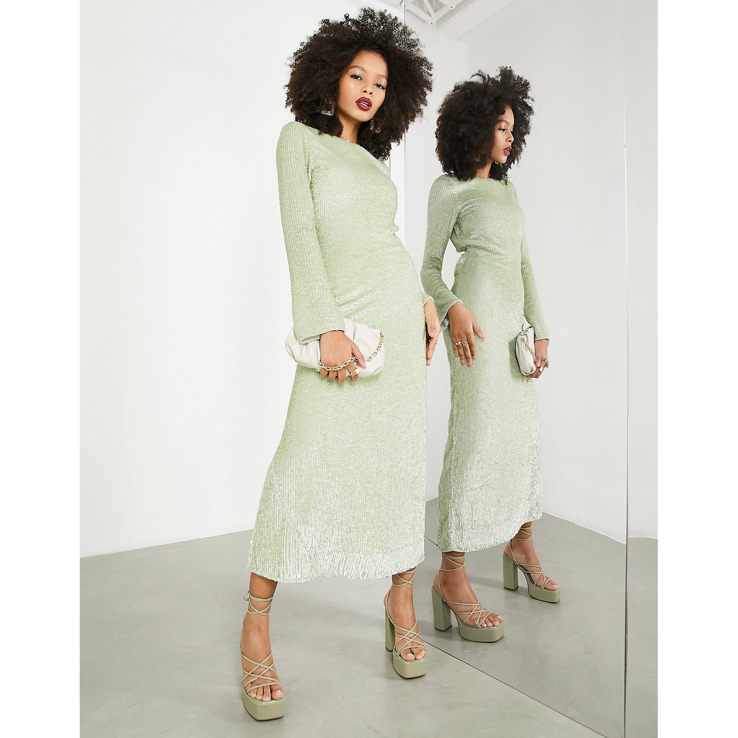 Платье Asos Edition All Over Sequin Backless Drape, серо-зеленый цена и фото