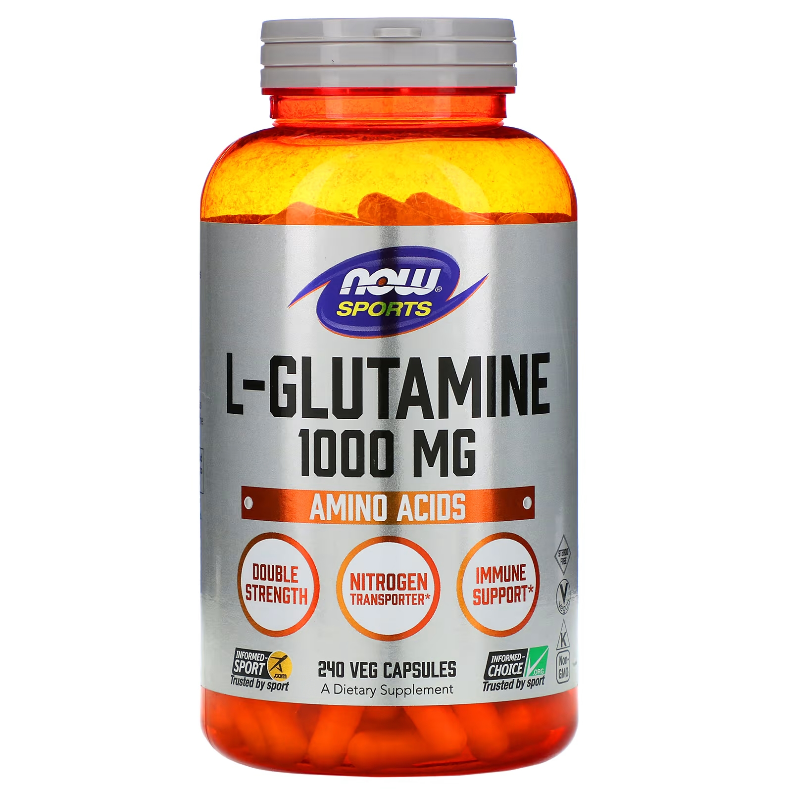 NOW Foods Sports L-глютамин 1000 мг, 240 растительных капсул цена и фото