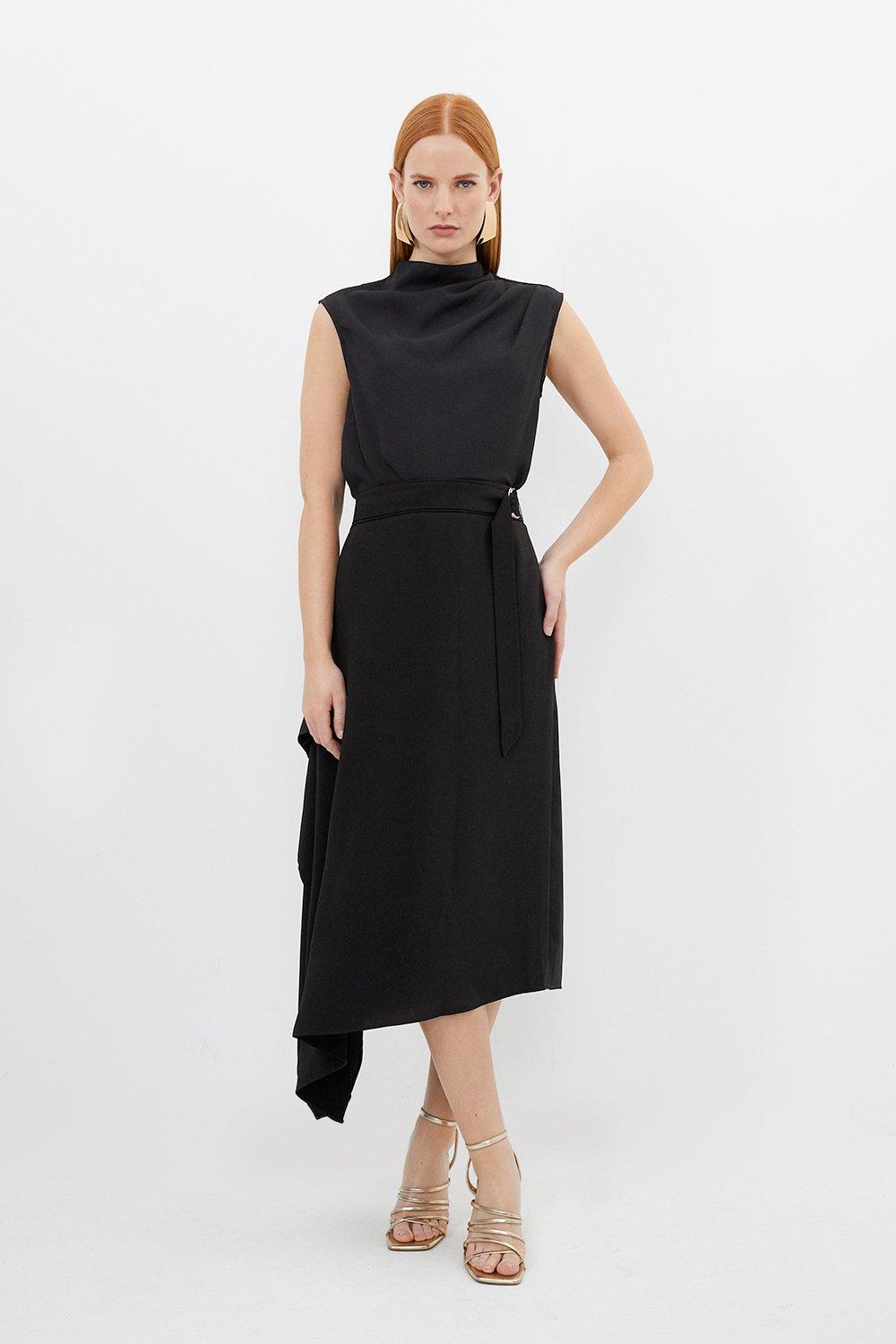 Мягкая приталенная юбка-миди с драпировкой и поясом Karen Millen, черный