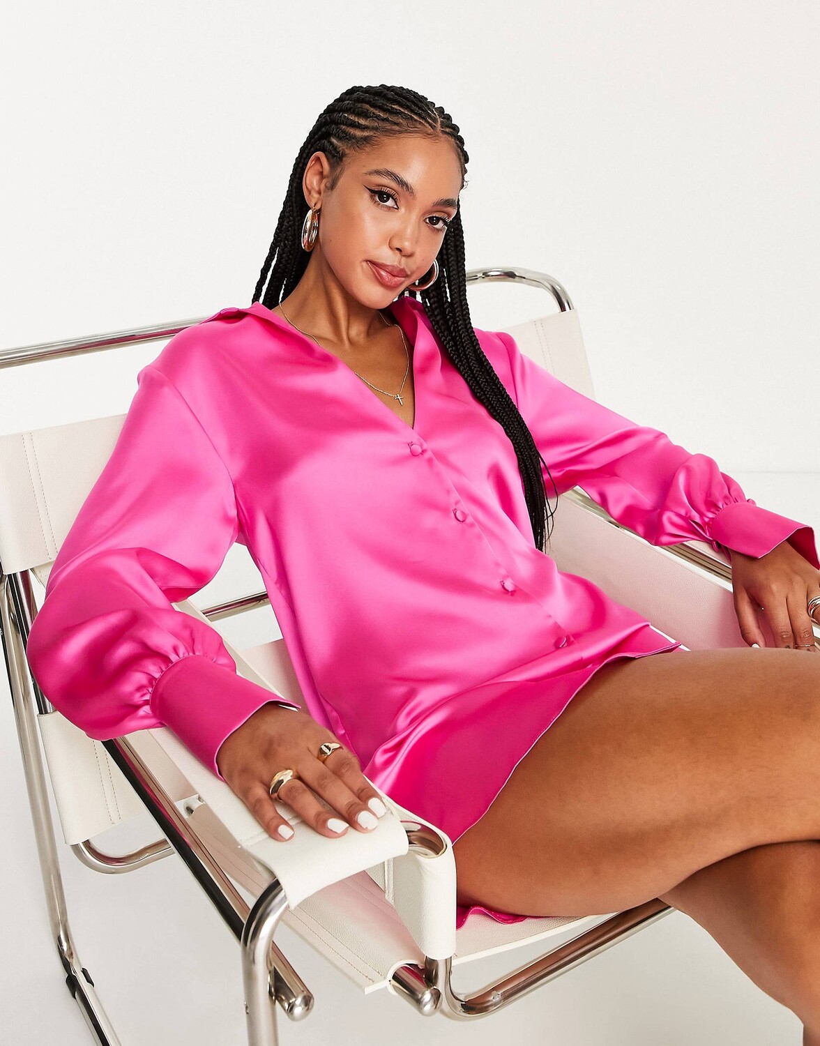 

Ярко-розовое атласное платье-рубашка с глубоким вырезом ASOS DESIGN, Розовый