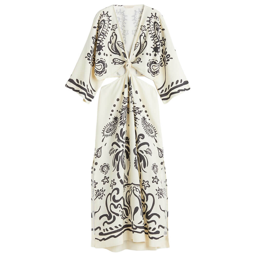 

Платье H&M Knot-detail Patterned, кремовый/черный узор