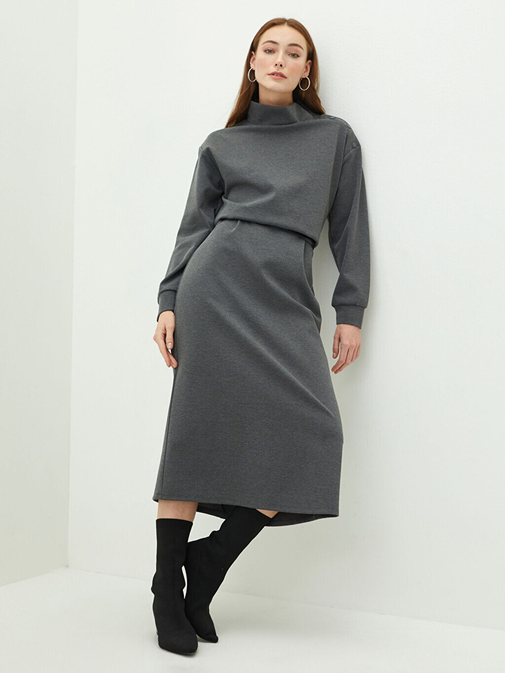 

Платье с воротником-стойкой и прямым длинным рукавом A Cut Ponte Fabric Women's Dress LCWAIKIKI Classic