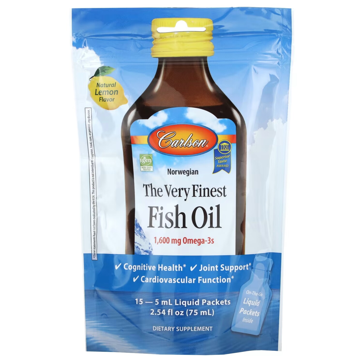 Рыбий жир Carlson Kid's Norwegian The Very Finest со вкусом лимона 1600 мг, 15 пакетиков по 5 мл carlson labs the very finest fish oil 500 мл со вкусом лимона