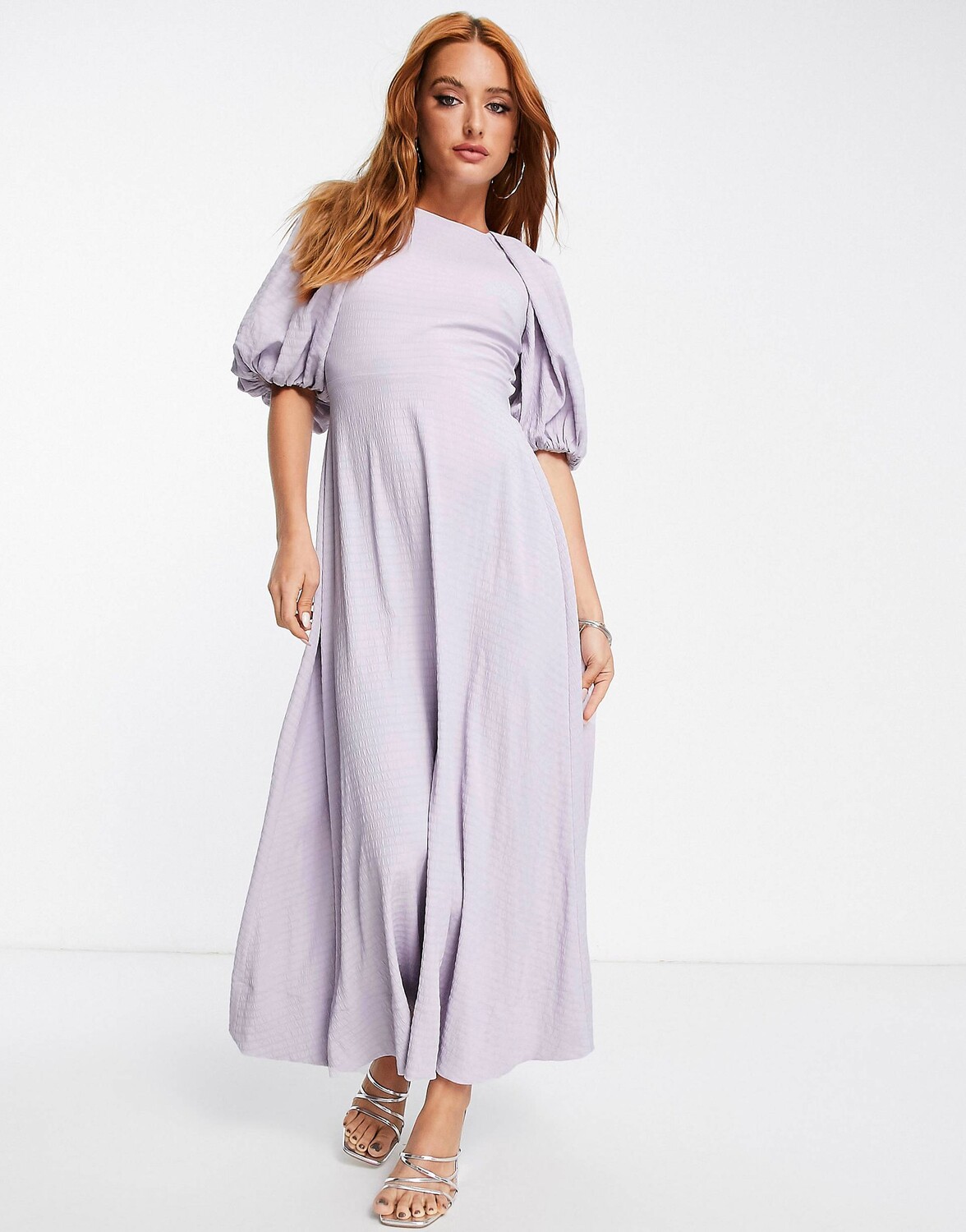 

Сиреневое платье макси с пышными рукавами и открытой спиной ASOS DESIGN