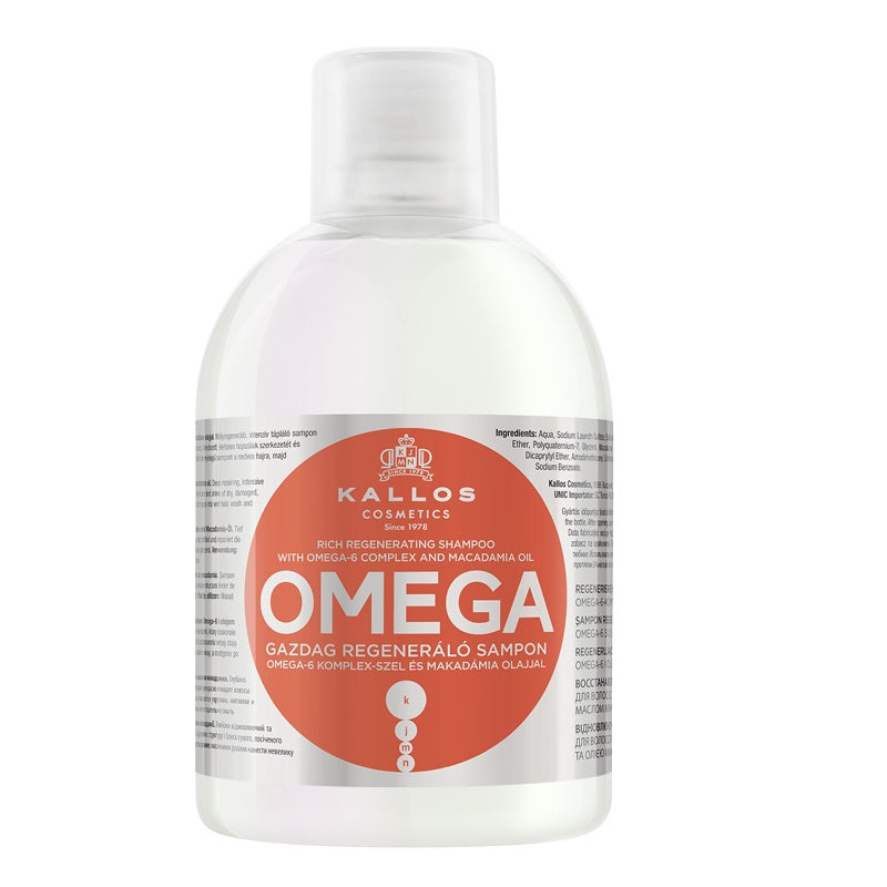Kallos KJMN Omega Rich Regenerating Shampoo регенерирующий шампунь для волос с комплексом омега-6 и маслом макадамии 1000мл