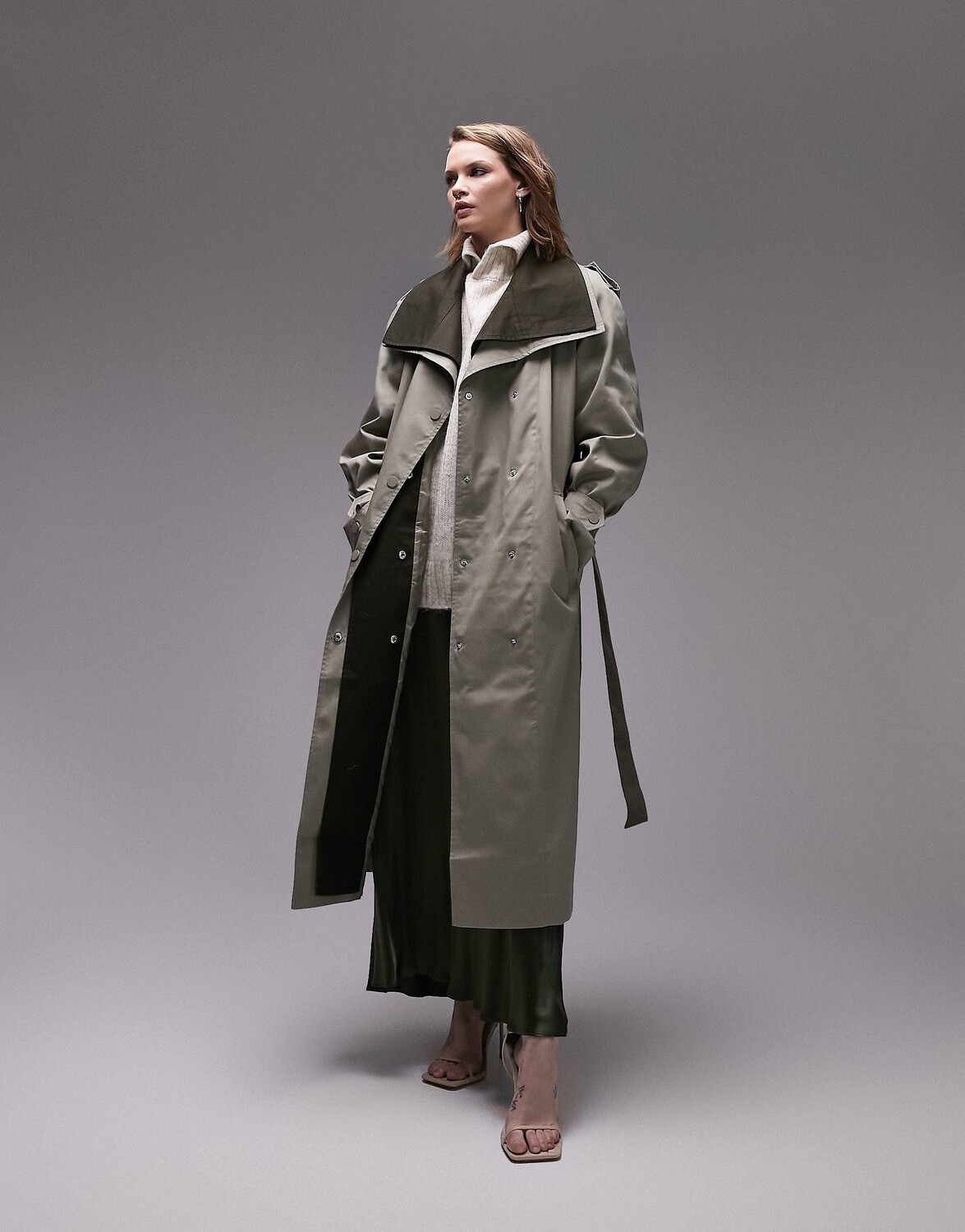 

Двухслойный тренч с воротником-воронкой цвета шалфея Topshop Tailored, Серый