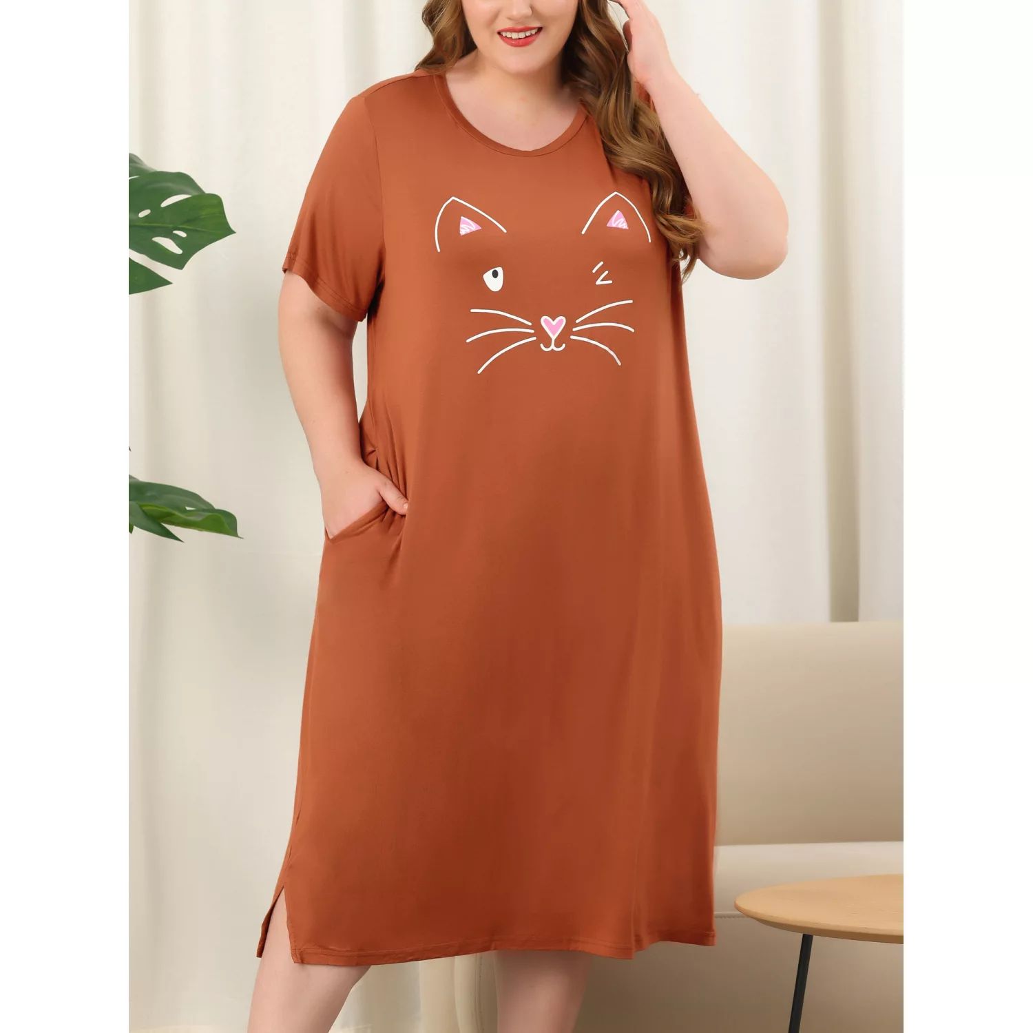 цена Женская удобная пижама больших размеров с милым кошачьим принтом и боковым карманом, ночная рубашка Agnes Orinda