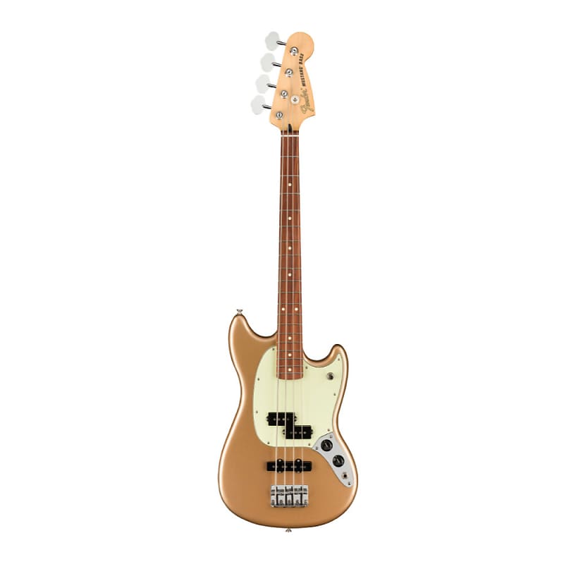 4-струнная гитара Fender Player Mustang Bass PJ с корпусом из ольхи, глянцевой отделкой, 19 ладами и грифом в форме буквы «C» из клена (накладка на гриф Pau Ferro, цвет Firemist Gold)