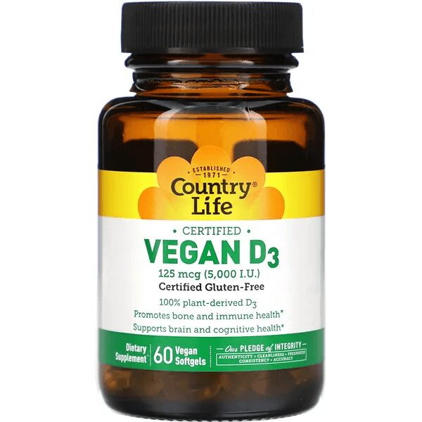 Сертифицированный веганский витамин D3, Country Life, 125 мкг (5000 МЕ), 60 мягких желатиновых капсул