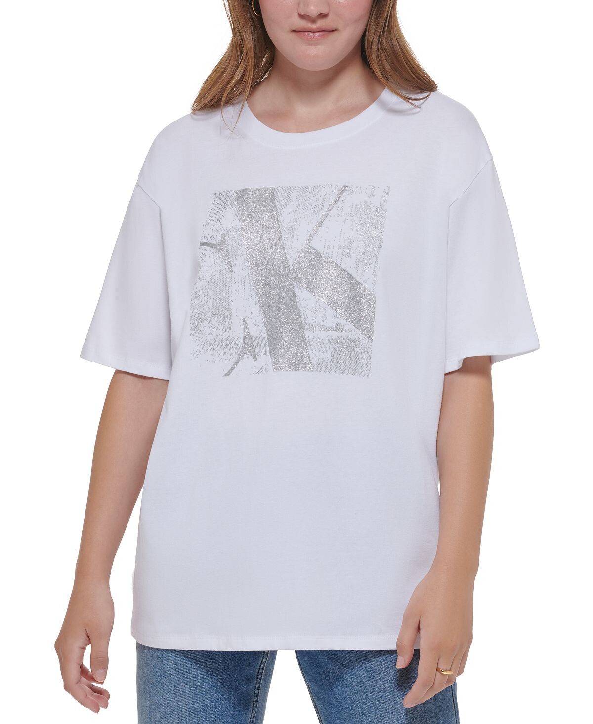

Женская блестящая футболка с круглым вырезом и логотипом Calvin Klein Jeans, мульти